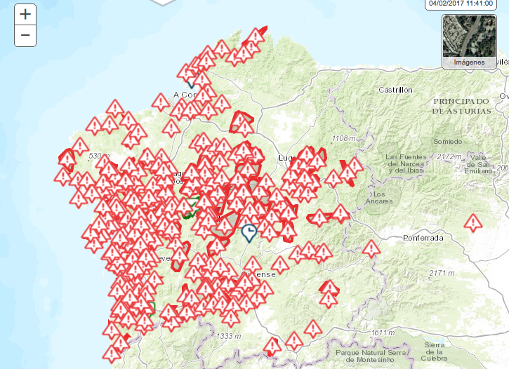Mapa de incidencias activas na red eléctrica de Fenosa
