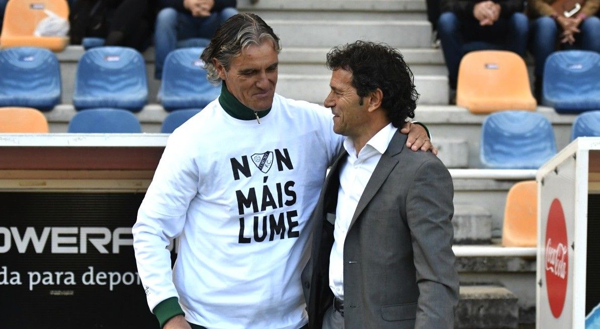 Rafa Séz y Luisito en Pasarón durante un partido entre Coruxo y Pontevedra