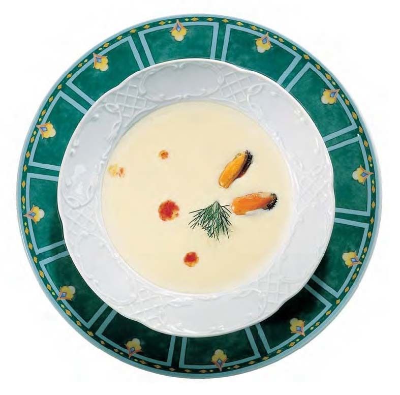 Crema de mexillóns con allos tenros