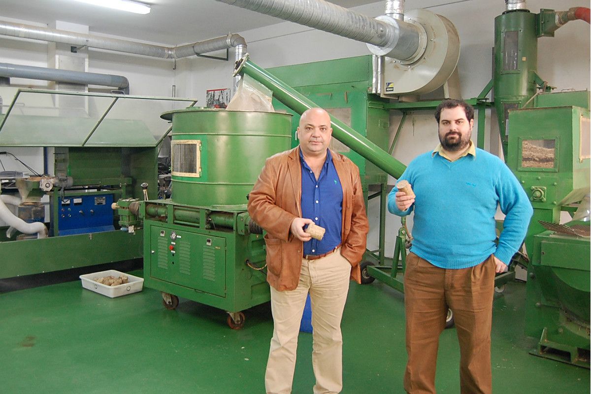 Luis Ortiz y Daniel Vega, en la planta piloto de energías xiloxeradas de la Escuela de Ingeniería Forestal