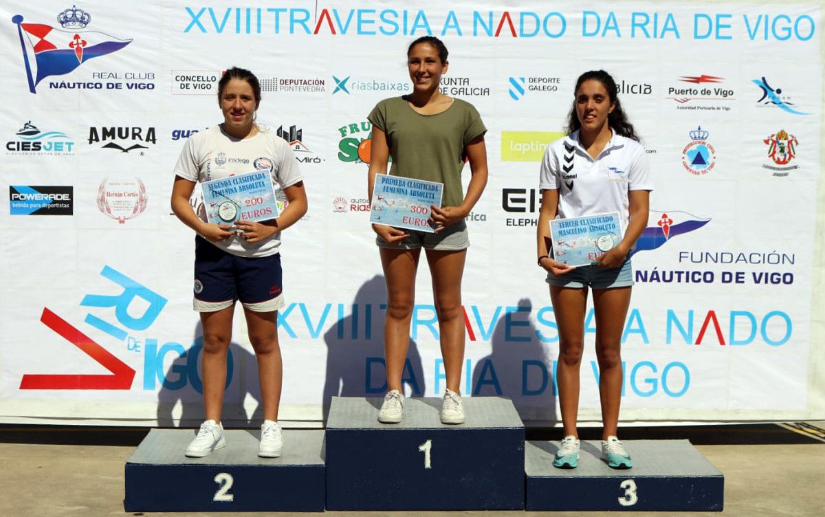 Carla Goyanes (centro) no podio da Travesía da Ría de Vigo