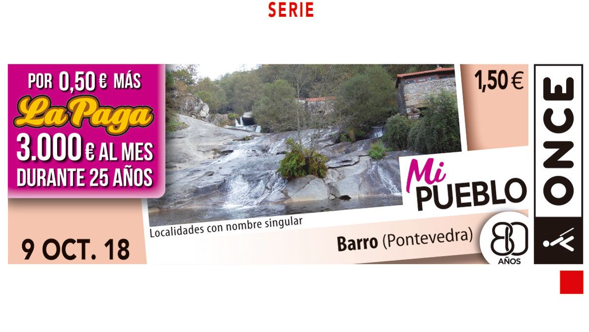 Cupón de la ONCE dedicado al ayuntamiento de Barro