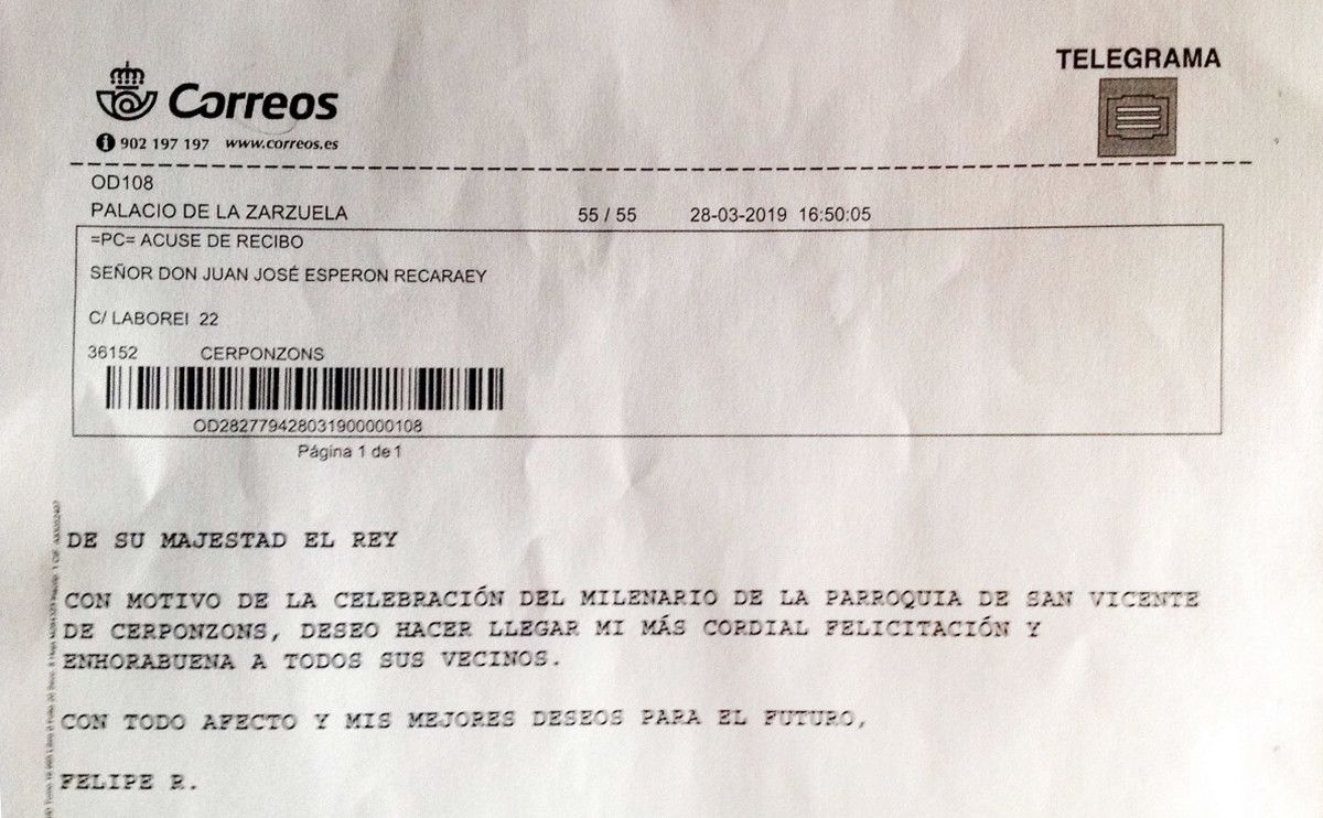 Telegrama do Rey Felipe VI