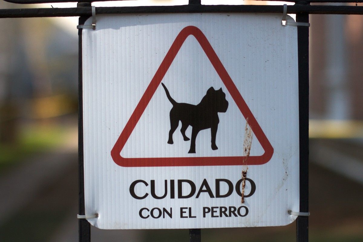 Cartel alertando de la presencia de un perro