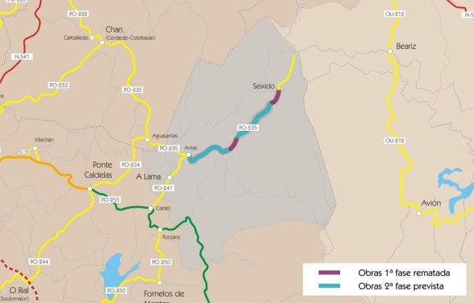 Tramo afectado de la carretera autonómica PO-235 a su paso por el concello de A Lama