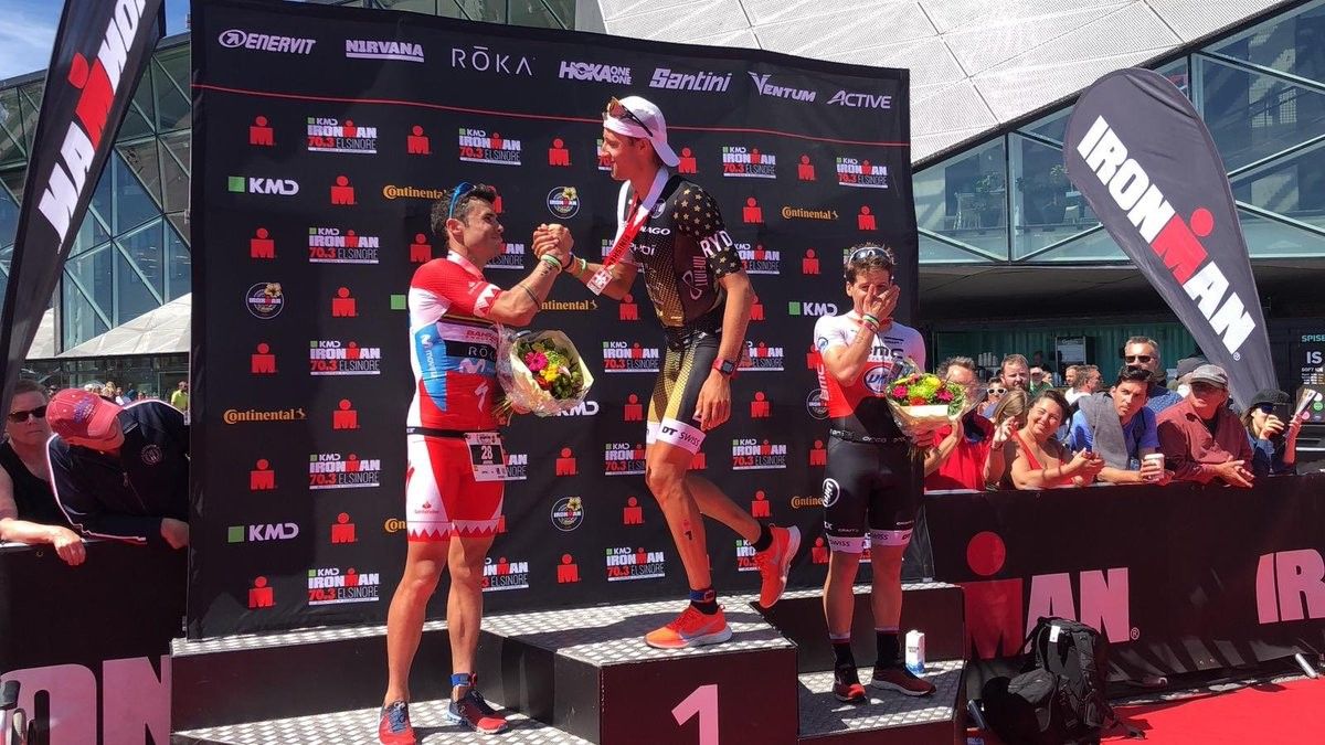 Gómez Noya e Pablo Dapena no podio do Europeo Ironman 70.3 en Elsinore
