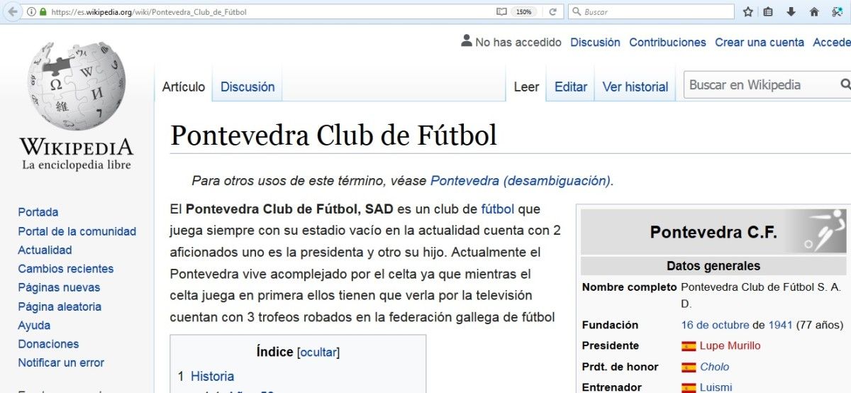 A páxina de Wikipedia do Pontevedra, atacada polos trols