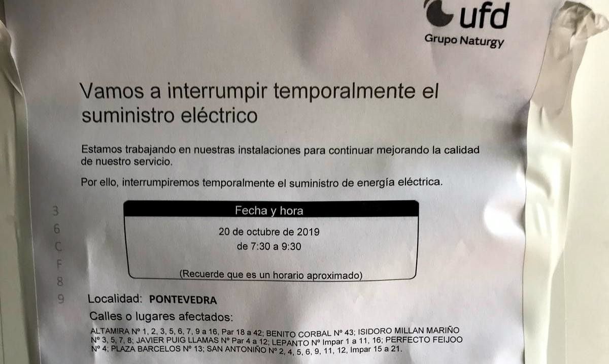 Anuncio de corte de luz na zona de San Antoniño