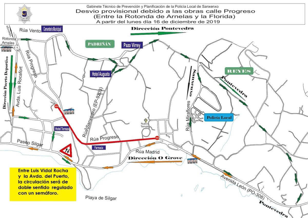 Plan de tráfico polo corte da Rúa Progreso de Sanxenxo para o seu asfaltado