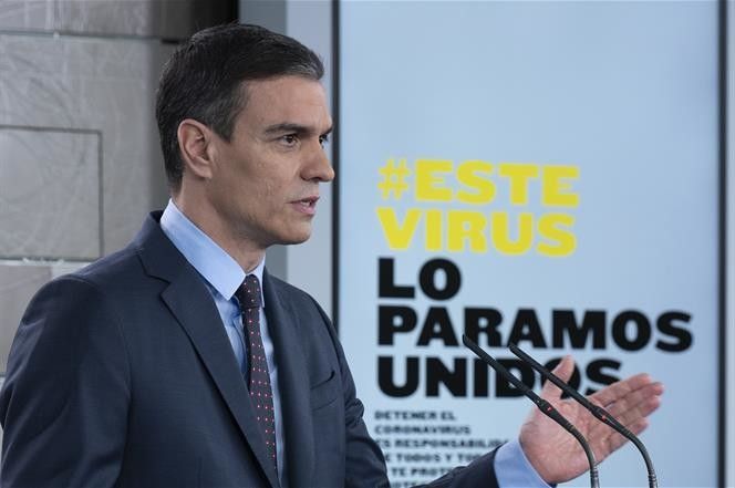 Pedro Sánchez, durante su comparecencia en La Moncloa para informar sobre la evolución de la crisis del coronavirus