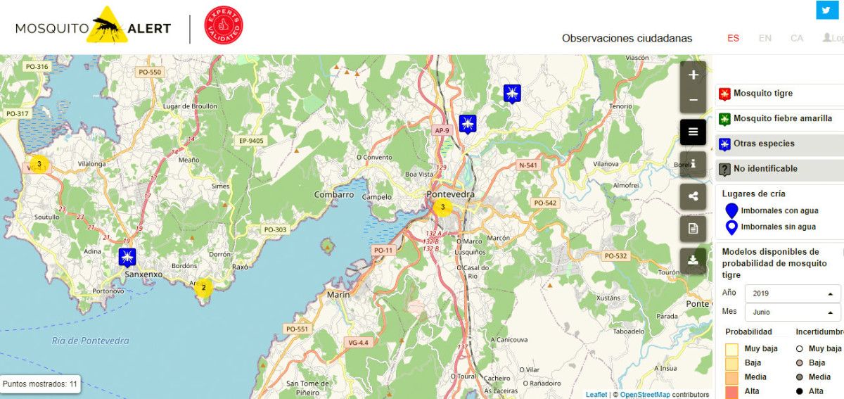 Mapa donde se contemplan casos de especies no identificables de mosquitos en las Rías Baixas