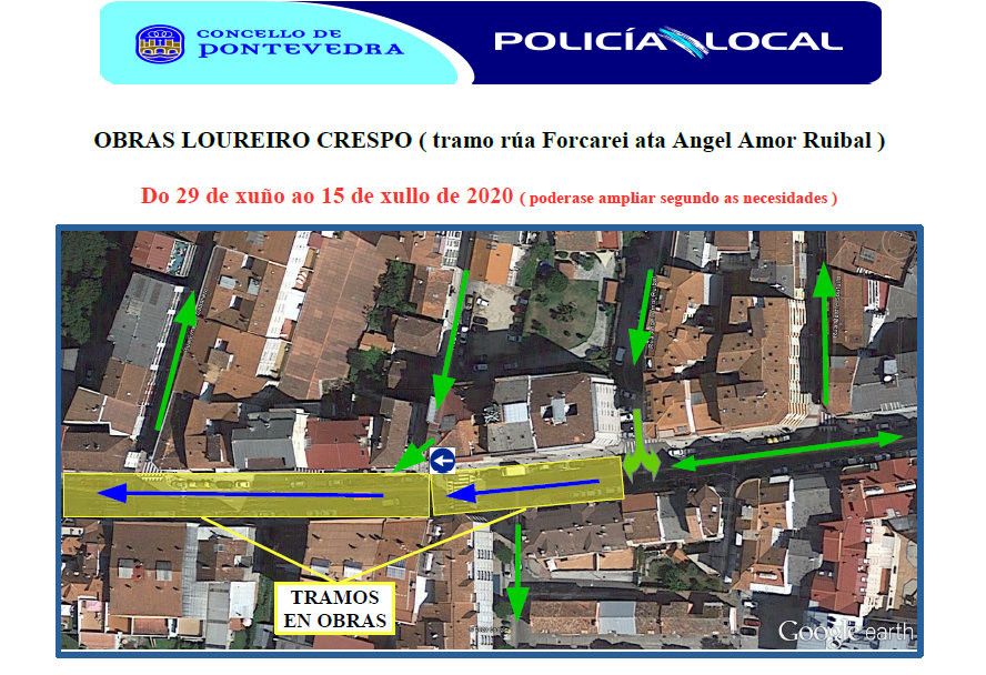 Corte de tráfico en el tramo de la calle Forcarei hasta Amor Ruibal (en azul aparecen los tramos en obras)