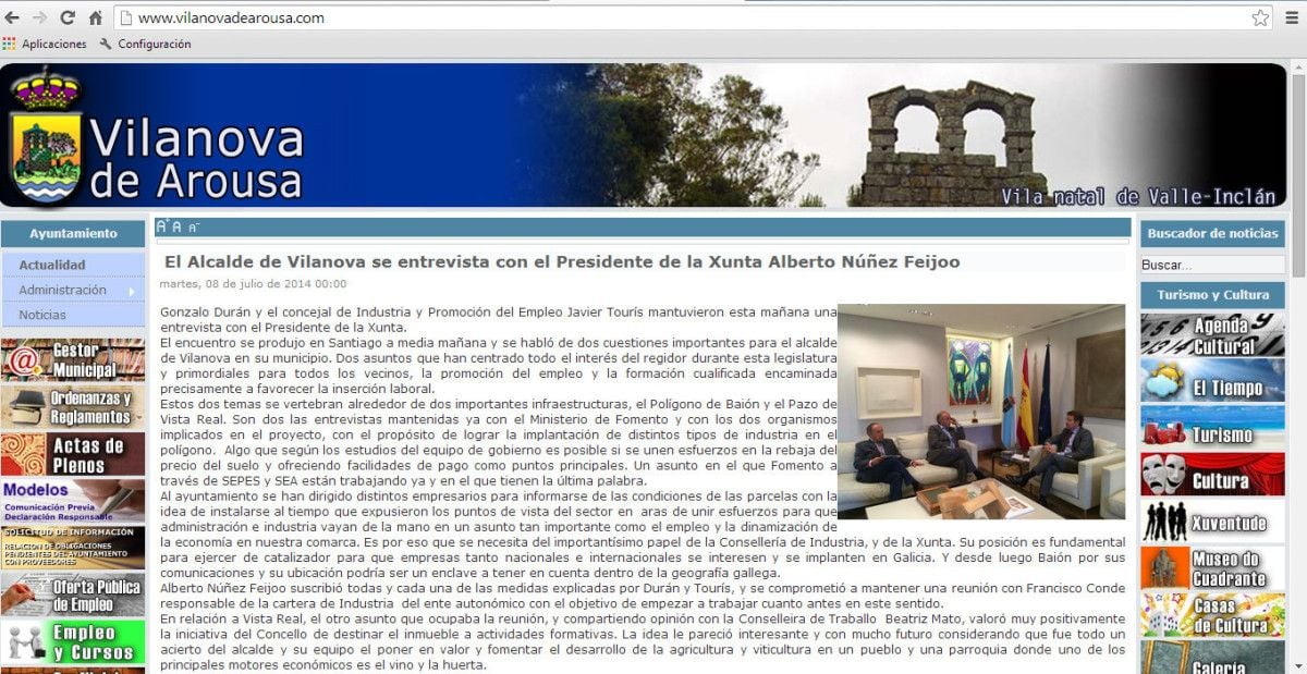 Captura de pantalla de la página web del Concello de Vilanova de Arousa