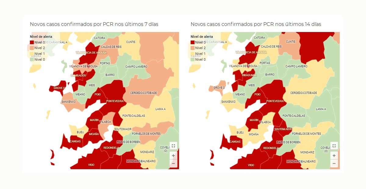 Evolución da covid-19 na área sanitaria de Pontevedra e O Salnés por concellos a data 3 de novembro