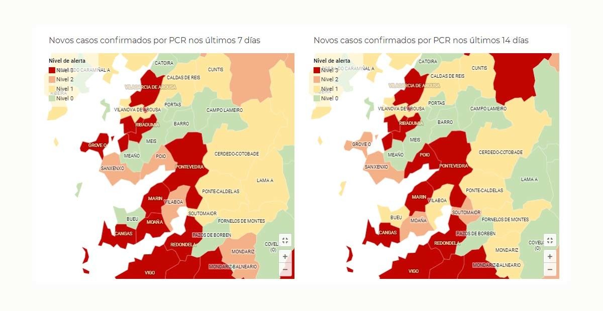 Evolución da covid-19 na área sanitaria de Pontevedra e O Salnés por concellos a data 4 de novembro