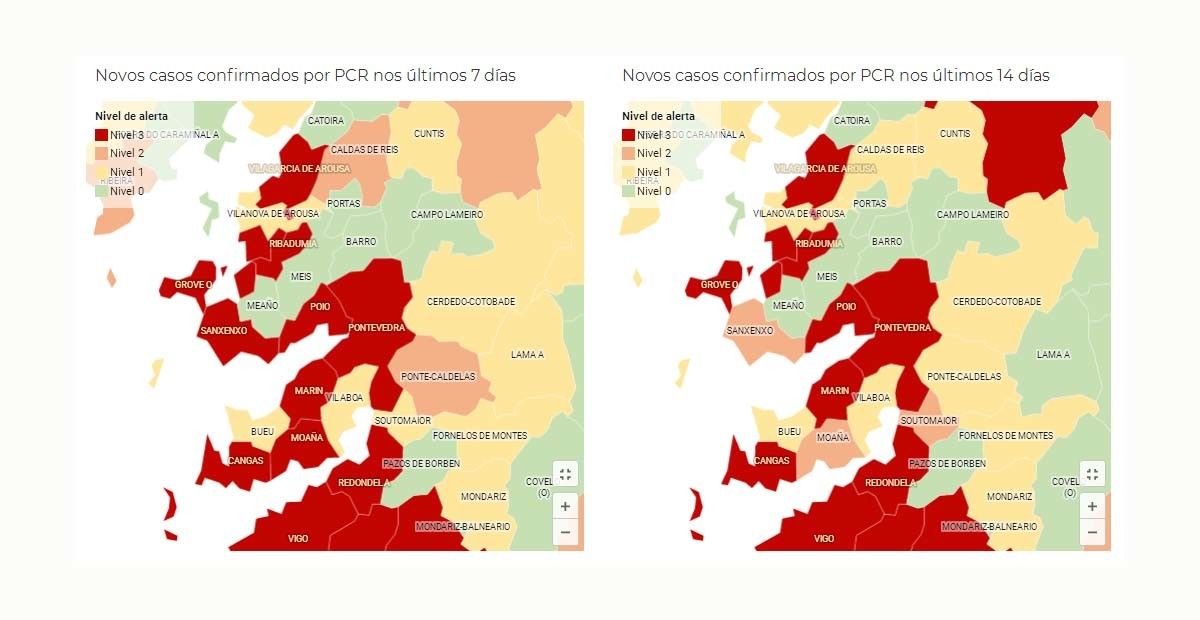 Evolución da covid-19 na área sanitaria de Pontevedra e O Salnés por concellos a data 5 de novembro
