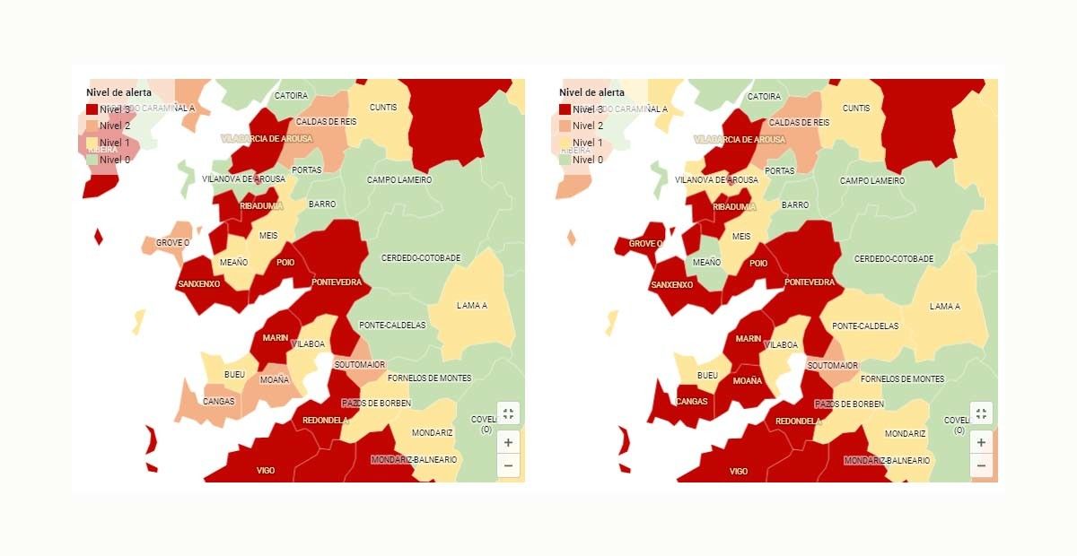 Evolución da covid-19 na área sanitaria de Pontevedra e O Salnés por concellos a data 13 de novembro
