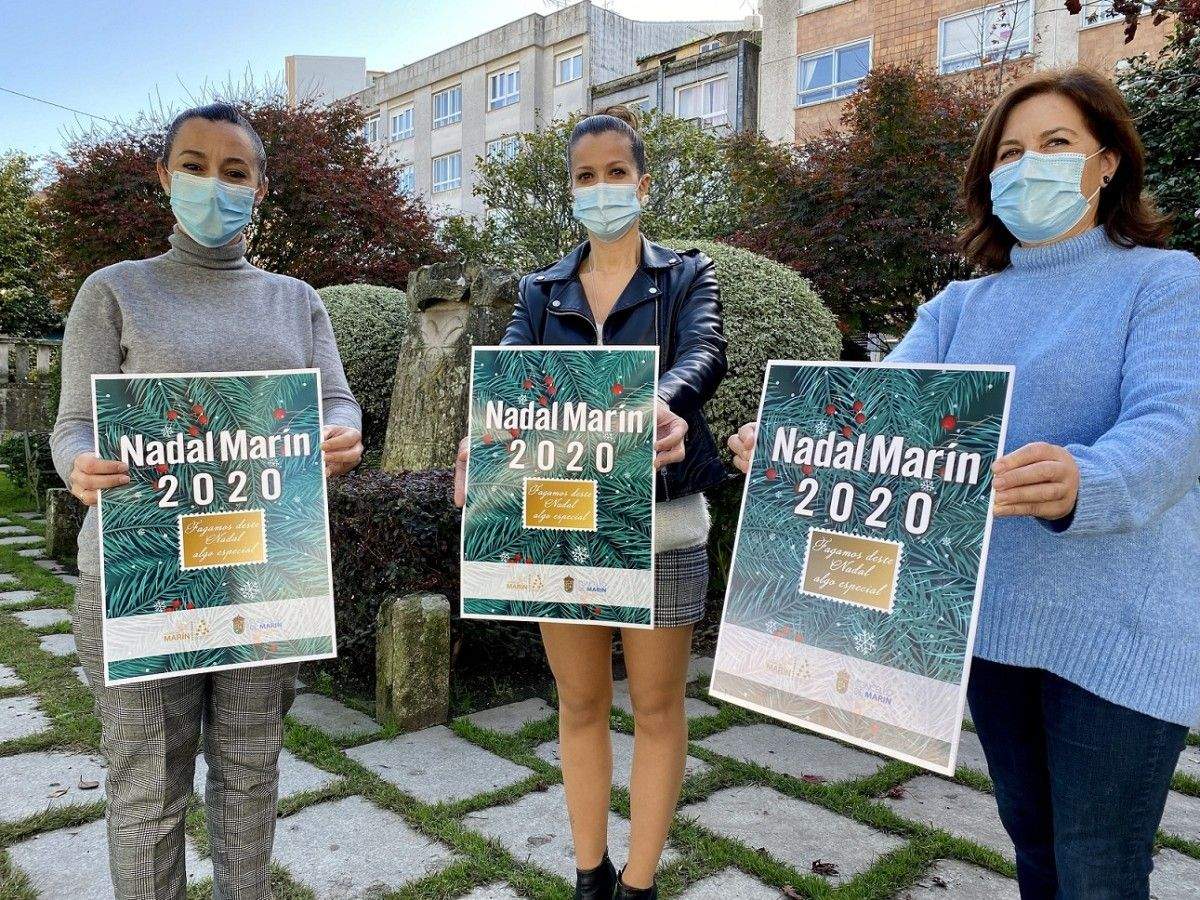 Las concejalas Marián Sanmartín, Raquel Soage y Cristina Acuña presentan la imagen de Nadal en Marín