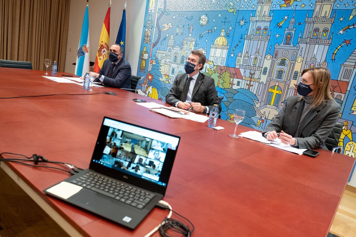 Alberto Núñez Feijóo, Julio García  Comesaña y Fabiola García participan por videoconferencia en la reunión del comité clínico de expertos sanitarios