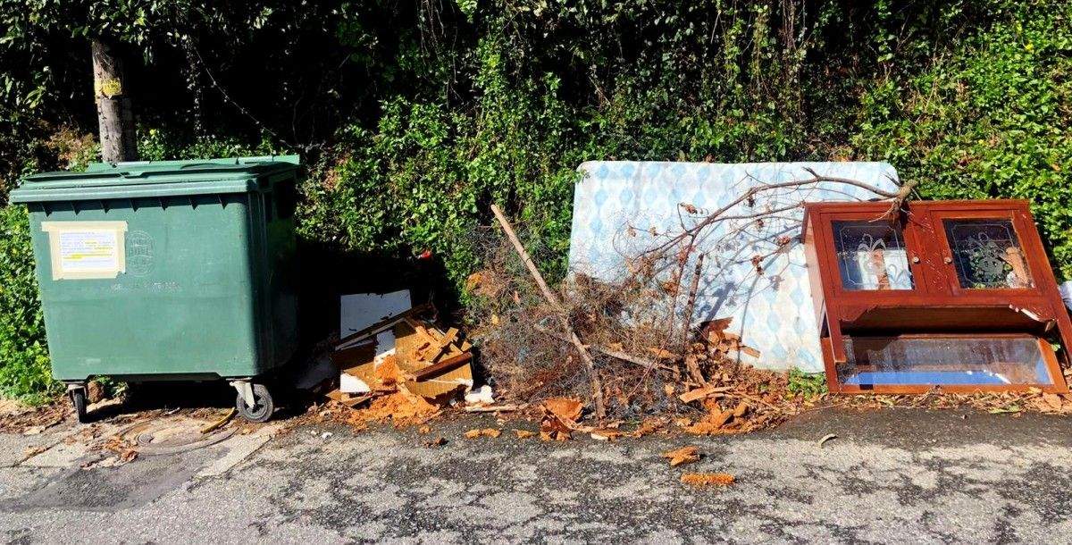 Material voluminoso abandonado junto al contenedor de basura en Lérez