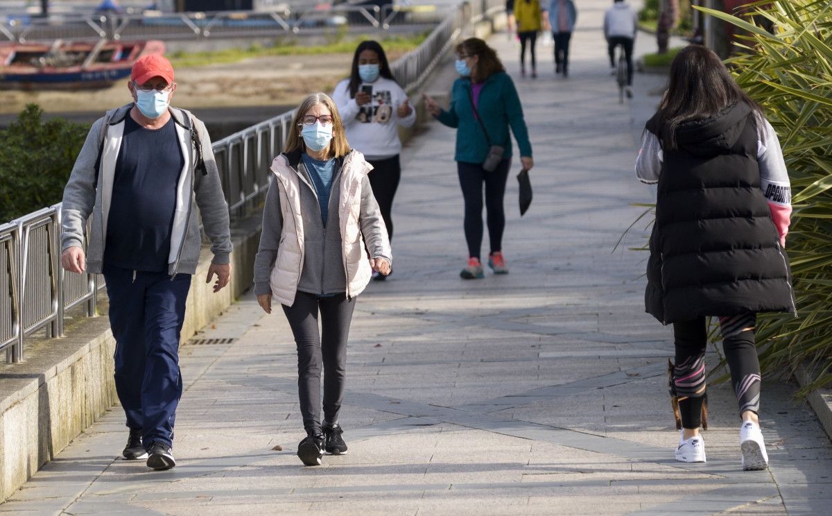 Xente paseando pola rúa con máscara