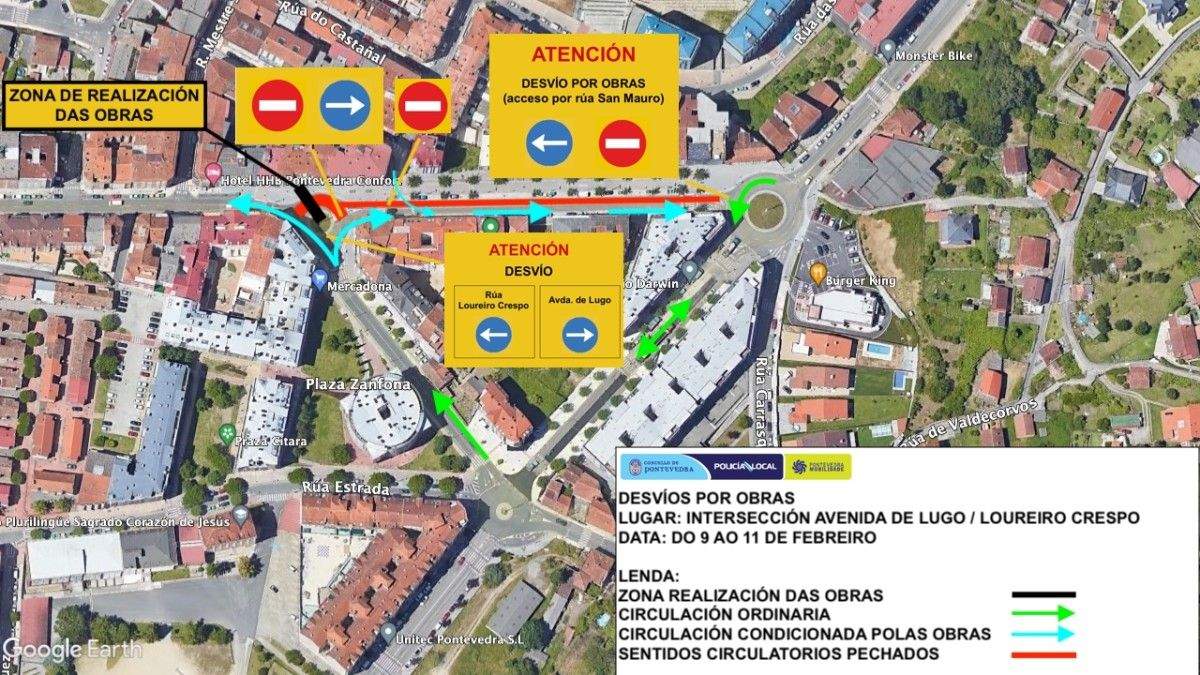 Plano coas indicacións de tráfico durante as obras na avenida de Lugo