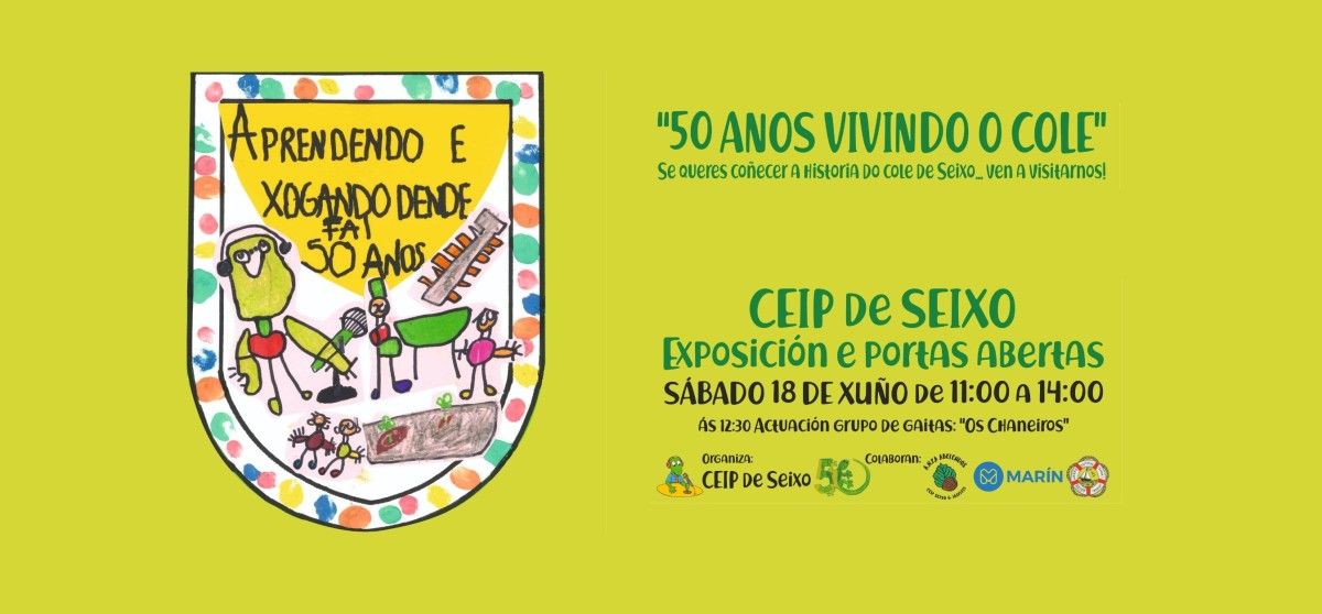 Cartel de la jornada de puertas abiertas en el Colegio de Seixo para celebrar su 50 aniversario