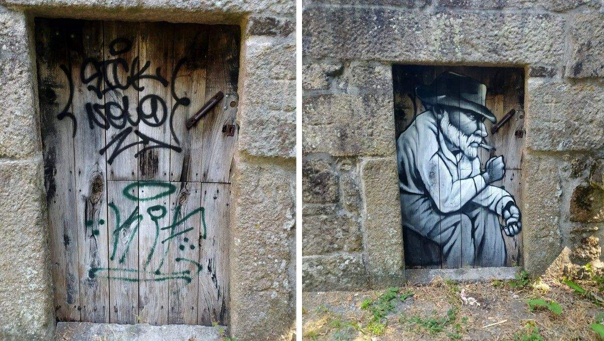 Pintadas convertidas en un graffiti artístico por O'Ras en el molino de Cabanas