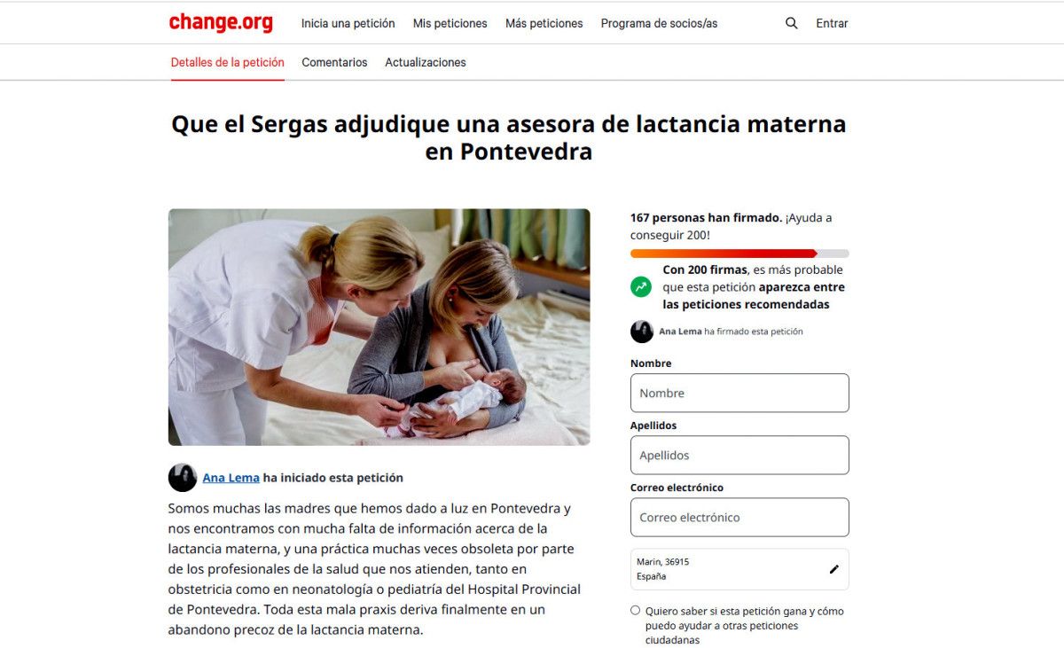 Petición en Change.org dunha asesora de lactancia materna en Pontevedra