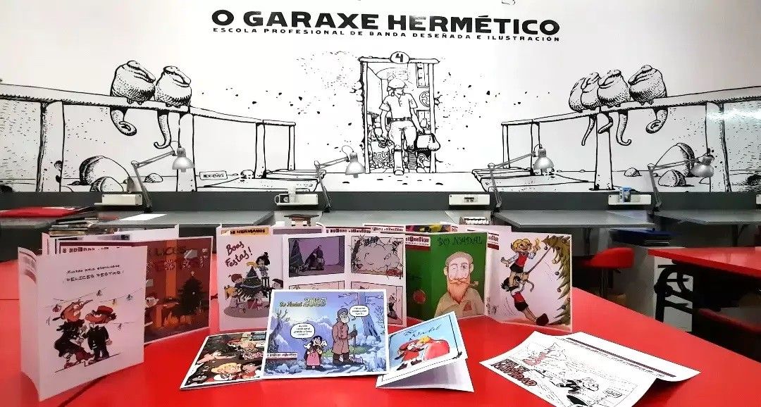 Postales navideñas elaboradas con personajes de tebeos para entregar en el Centro de Mayores de Campolongo
