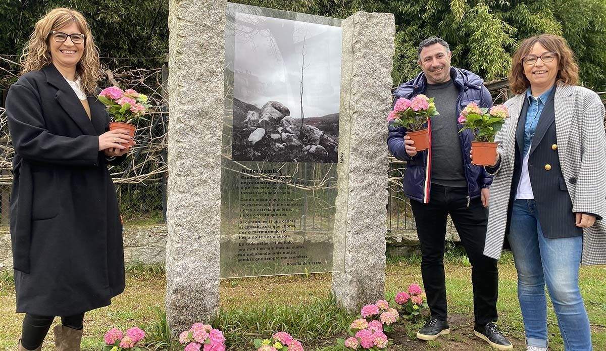 Plantación de hortensias no monumento dedicado a Rosalía de Castro