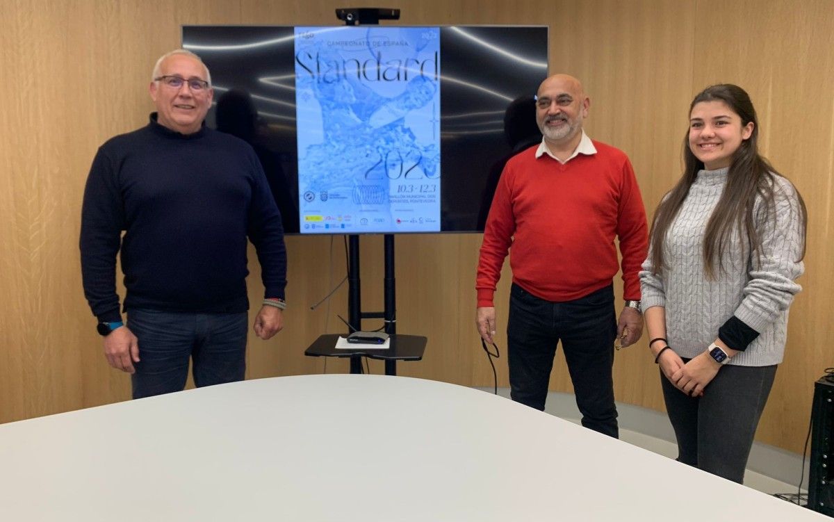Tino Fernández, Luis Vañó e Noemi Abal na presentación do Campionato de España de Baile Deportivo Standard 2023