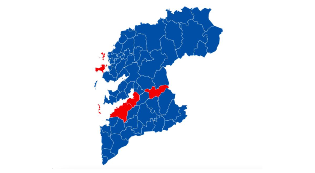 Resultados electorales del 23J en Pontevedra (PP en azul y PSOE en rojo)