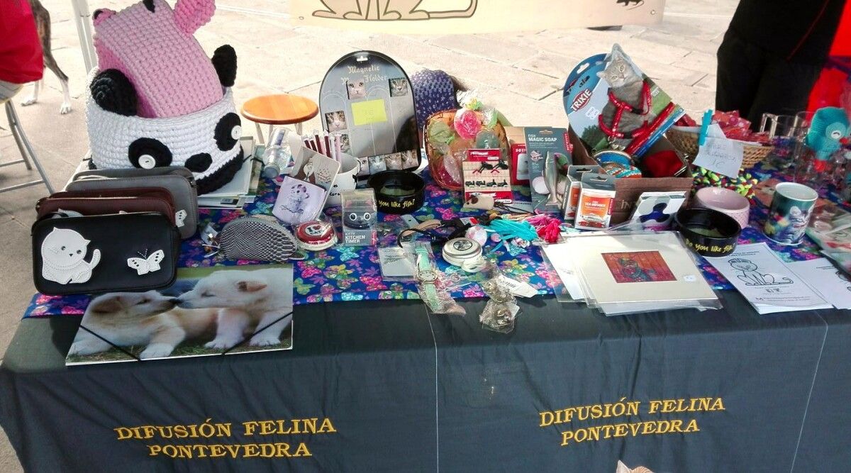 Productos en un mercado solidario de Difusión Felina