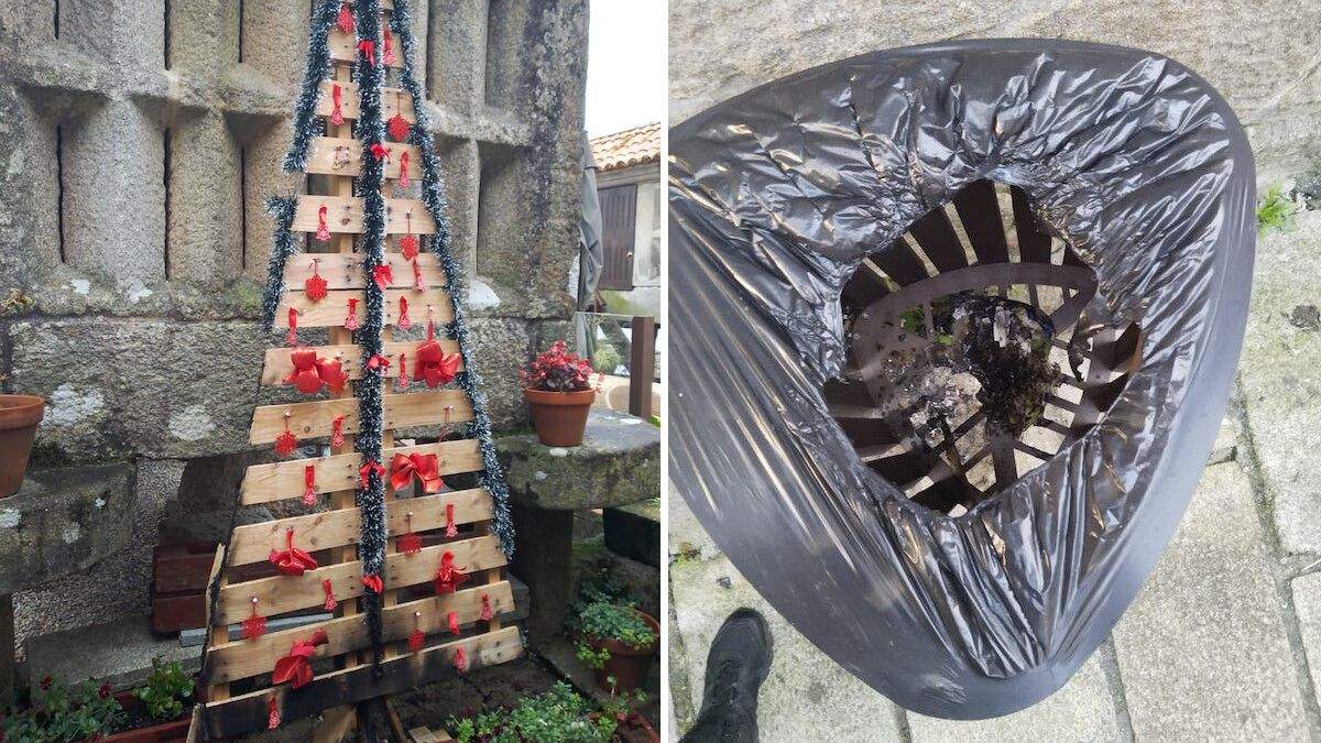 Árbore de Nadal e papeleira estragadas en Combarro