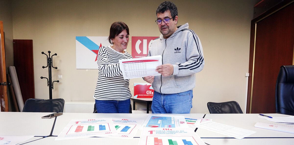 Diana Rodríguez e Marcos Conde, da CIG, analizan os resultados das eleccións sindicais