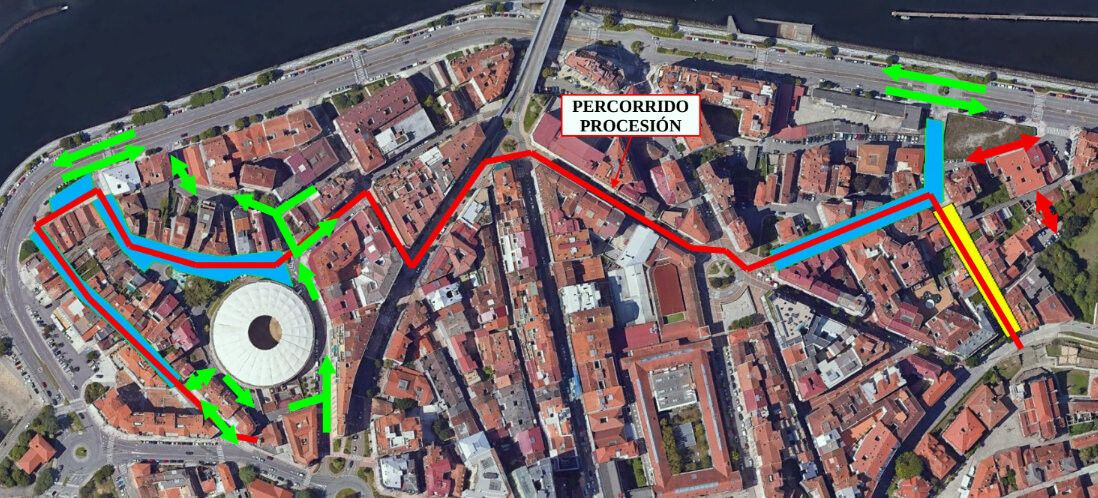 Restricións de tráfico con motivo do Viático. En vermello, os puntos de acceso exclusivamente para garaxes 
