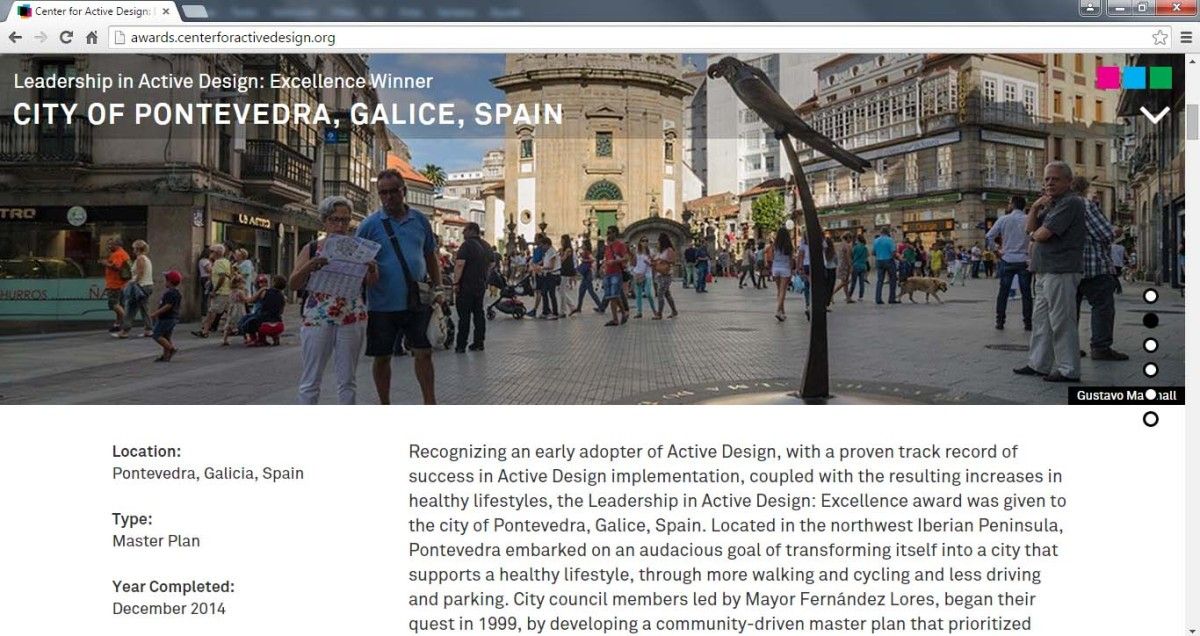 Apartado dedicado a Pontevedra en la web de los premios del Center For Active Design