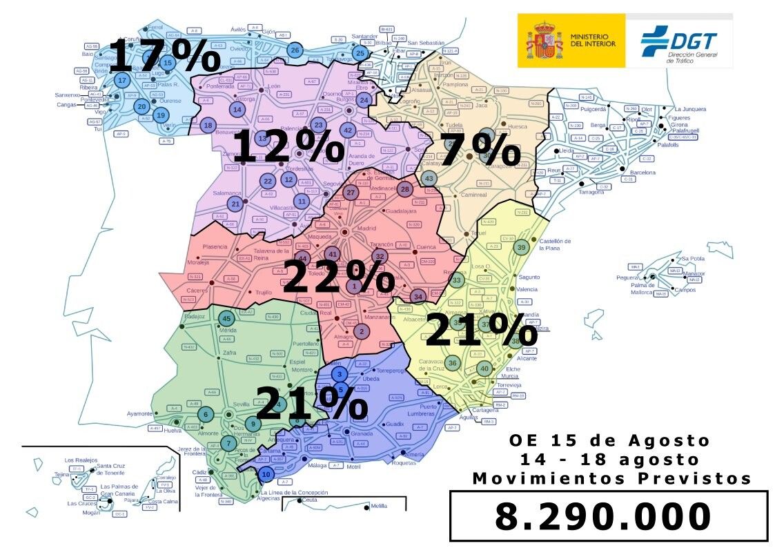 Mapa de desprazamentos previsto para a ponte do 15 de agosto de 2024