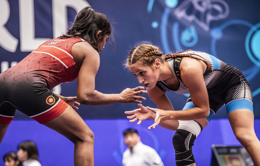 María Cazalla, na terceira xornada do Mundial U20 de Loita de Pontevedra