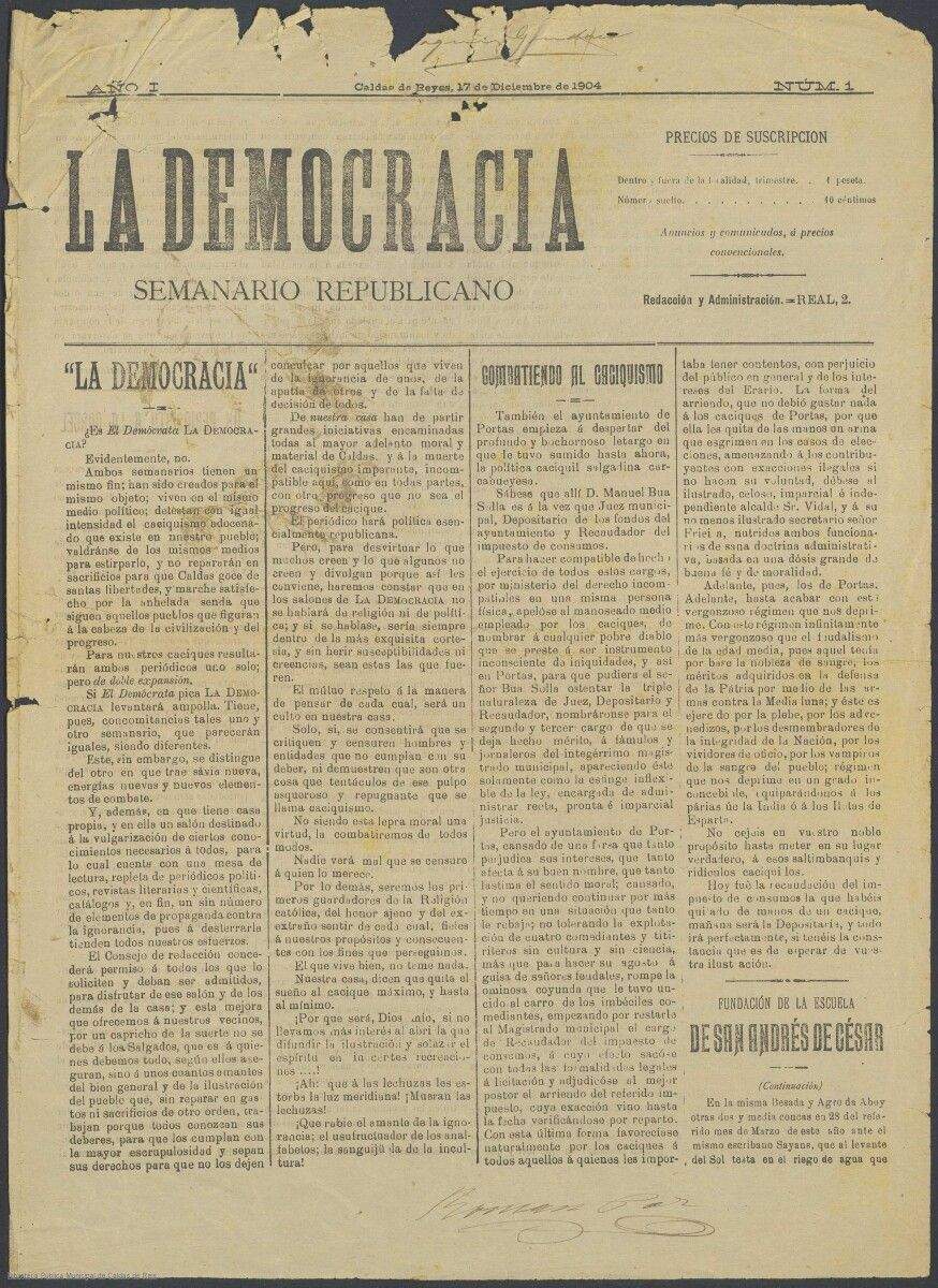 Exemplar de : "La Democracia. Semanario republicano"