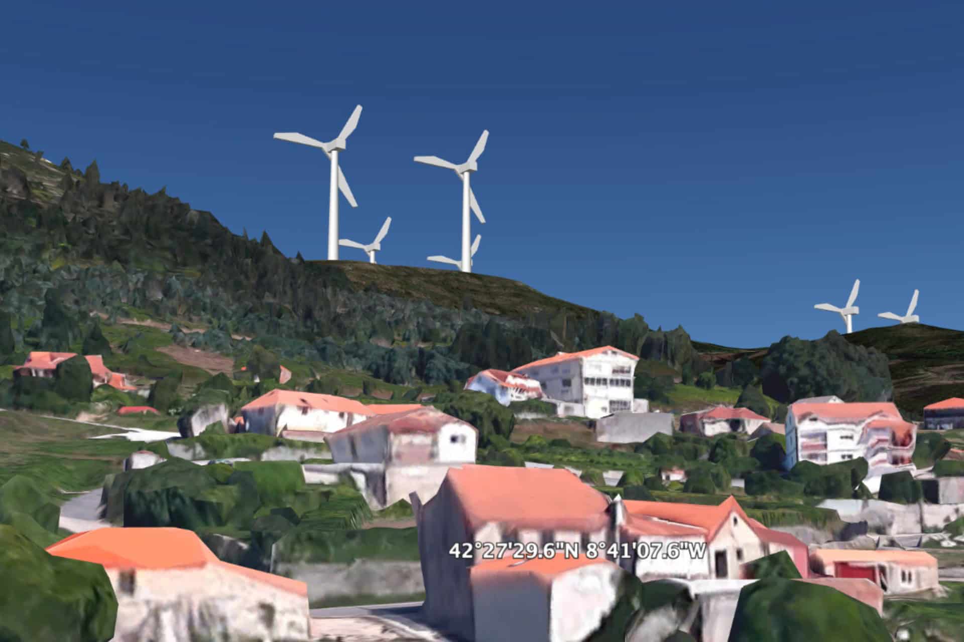 Simulación por ordenador de como quedaría a instalación eólica proxectada