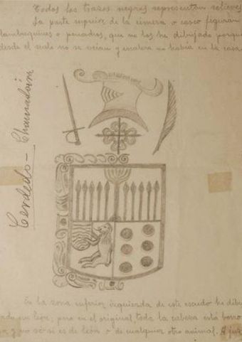 Escudo do pazo de Chamadoira, debuxo de H. Campo Sobrino, c. 1908 (Museo de Pontevedra). Escudo do pazo de Chamadoira, debuxo de H. Campo Sobrino, c. 1908 (Museo de Pontevedra).