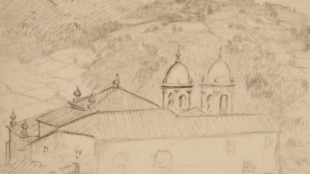 Igrexa de San Xoán de Cerdedo e casa reitoral, debuxo de Castelao, c. 1924 (Museo de Pontevedra). Igrexa de San Xoán de Cerdedo e casa reitoral, debuxo de Castelao, c. 1924 (Museo de Pontevedra).