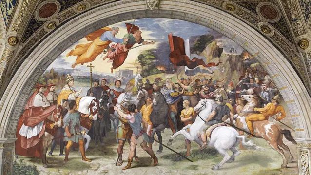 Encontro do Papa León Magno con Atila, fresco de Rafael Sanzio de 1514. Musei Vaticani, Cidade do Vaticano