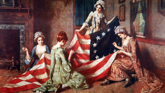 Imaxe arquetípica da confección da bandeira dos Estados Unidos por Betsy Ross en 1776
