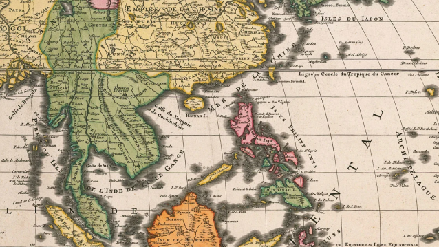 Mapa francés do Sueste asiático no s. XVIII, territorio acugulado de pesos nesa centuria