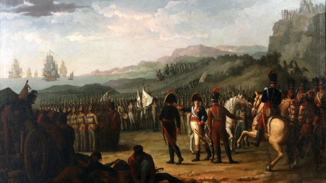 Embarque das tropas do marqués de La Romana, pintura de Juan Rodríguez Jiménez, o Panadeiro