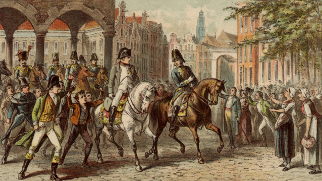 Napoleón visita Utrecht en 1811, pra pasar revista ao Rexemento Xosé Bonaparte. Gravura da época