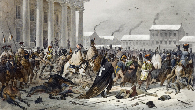 A Grande Armée atravesa Vilnius en retirada, pintura de Jan Krzysztof Damel